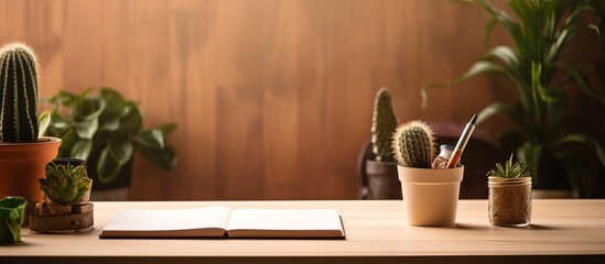 Creative workspace with a notebook supplies cactus and wooden hand symbolizing learning at home