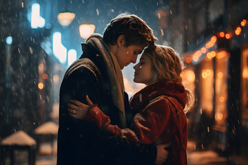 A young couple in a hug walking the city on a cold night. relationship, together on Christmas eve