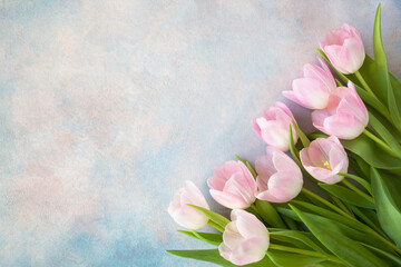 Bouquet of pink tulips on a decorative background, space for text congratulations to the spring holidays.