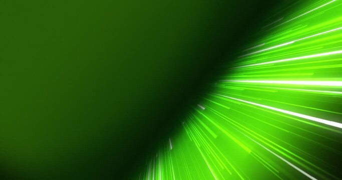 Background of green and white neon bright lines coming from front to back and fading at center creating a diagonal dark shadow line. Stream of glowing fast moving speed lines.