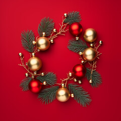 Fototapeta na wymiar flat lay with pine tree branches with red and golden christmas balls