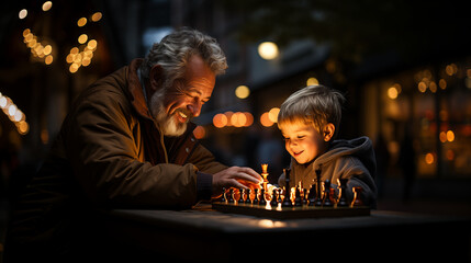 Obraz na płótnie Canvas Grandfather and grandson are playing chess.