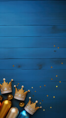 A festive background of aged navy blue wood, decorated with the crowns of the Magi and gifts.Empty space, copy space frame - obrazy, fototapety, plakaty