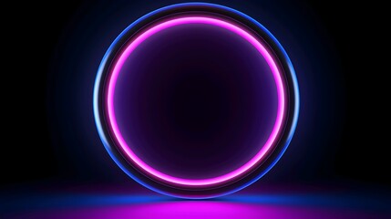 Abstract neon circle with glowing purple and blue lights on a dark background, futuristic technology concept.