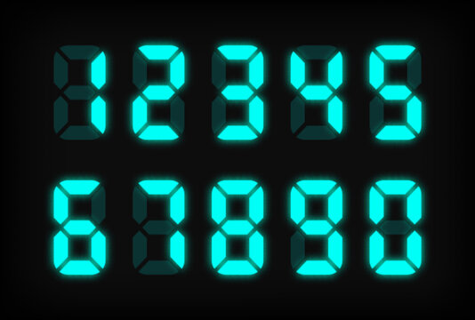 Blue digital numbers on light background. Electronic figures. Light green Digital LED numbers. Vector typography