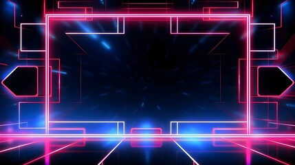 Obraz premium Abstract neon tunnel with glowing pink and blue lines on a dark background, futuristic digital design.