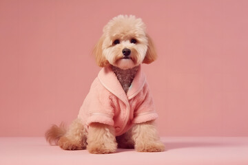 Glamorous fashionable dog in a pink robe. Neural network AI generated art