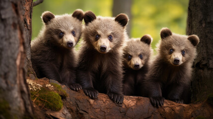 Four curious brown bear cubs standing on a fallen tree.