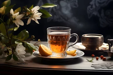 Foto op Aluminium Festlich gedeckter Teegenuss - Eine Tasse Tee auf einem liebevoll dekorierten Tisch © Seegraphie