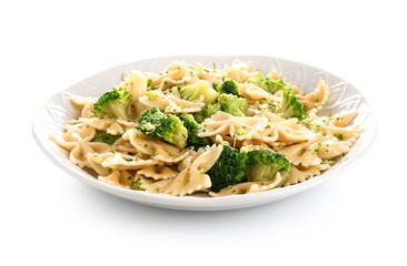 Plate of tasty pasta with broccoli on white background