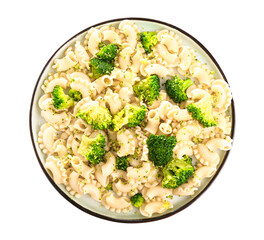 Plate of tasty pasta with broccoli on white background