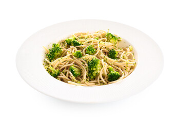Plate of tasty pasta with broccoli on white background