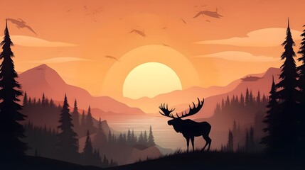 Fototapeta na wymiar Silhouette of moose on hill. Tree in front, mountains and forest in background. Magical misty landscape. Illustration, horizontal banner. 