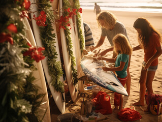 A Photo Of A Family Decorating Their Surfboards With Tinsel And Ornaments Before Heading Into The Waves