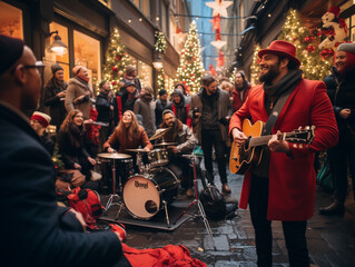 A Photo Of A Holiday-Themed Street Performance With Artists And Musicians Entertaining In A Warm Festive Atmosphere