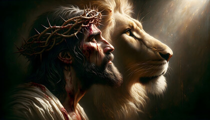 Oilpainting if Jesus Christ, with Crown of Thorns and the Lion of Judah © Djalma