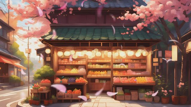 Fruit shop in the city with cherry blossom tree. Cartoon or Japanese anime watercolor illustration painting style. seamless looping 4K virtual video animation background