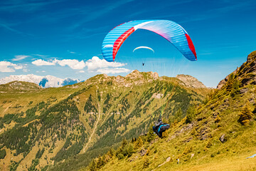 Alpine summer view with paragliders at Mount Fulseck, Dorfgastein, St. Johann im Pongau, Salzburg,...