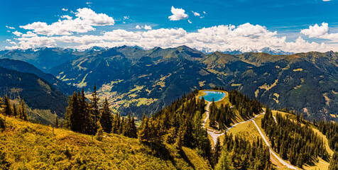 High resolution stitched alpine summer panorama with Lake Spiegelsee at Mount Fulseck, Dorfgastein,...