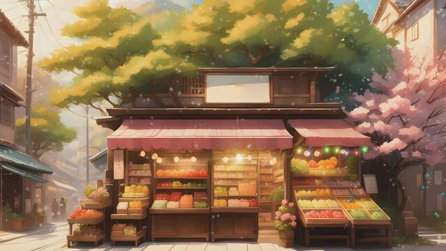 Fruit shop in the city with cinematic view. Cartoon or Japanese anime watercolor illustration painting style. seamless looping 4K virtual video animation background