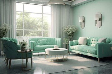 Contemporary lounge area with a refreshing mint green color scheme. Generative AI