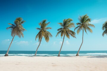 Row of palm trees on a sandy beach. Generative AI