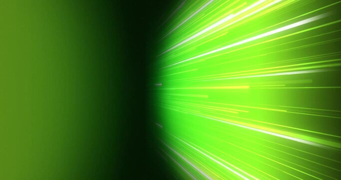 Gradient Background of green and white neon bright lines coming from left to right and fading at center creating vertical dark shadow line. Stream fast moving glowing speed lines from front to back