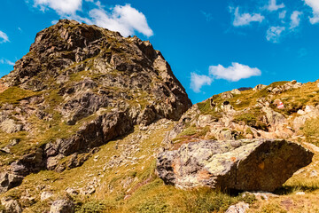 Alpine summer view on the hike from Lake Egesensee to Dresdnerhuette, Mutterbergalm, Stubaital valley, Innsbruck, Austria