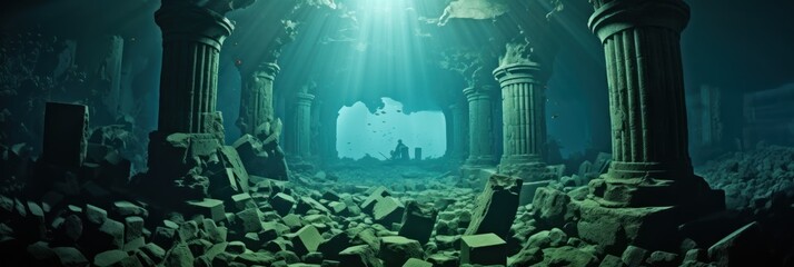 Atlantis. Lost Civilization of Atlantis.Undersea Ruins. Ruins of the Atlantis. The lost underwater city.  - obrazy, fototapety, plakaty