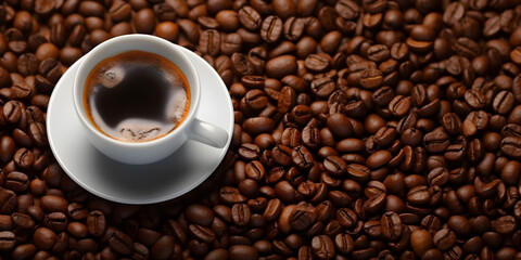 Espresso white cup on a seamless coffee beans background . Generated by AI.