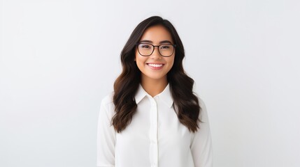 Image of young asian woman, company worker in glasses, smiling and holding digital tablet, standing over white background - Powered by Adobe