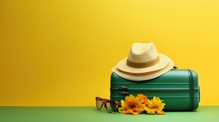 Green suitcase with sun glasses, hat and camera on pastel yellow background. travel concept. minimal style