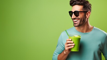A man holding a green smoothie, promoting detox and health, with copyspace available for text or additional information.