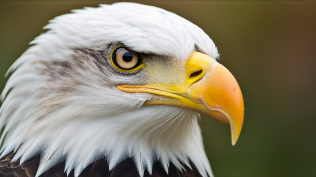 The face of a bald eagle. The largest bird living in North America. Bird of prey hawk wildlife. It is the national bird of the United States and is depicted on the national emblem.