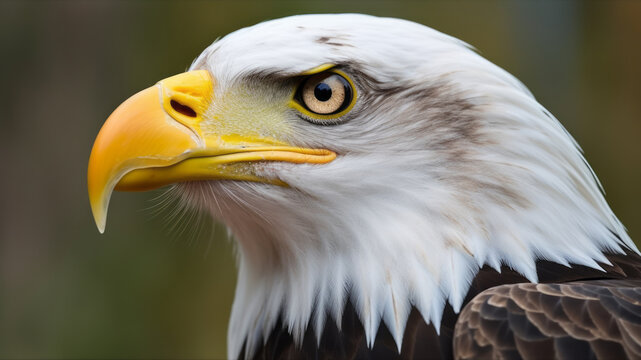 The face of a bald eagle. The largest bird living in North America. Bird of prey hawk wildlife. It is the national bird of the United States and is depicted on the national emblem.