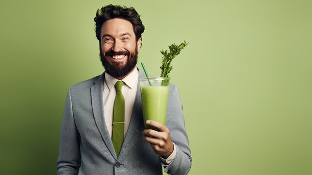 A man holding a green smoothie, promoting detox and health, with copyspace available for text or additional information.