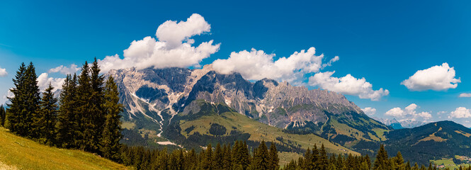 High resolution stitched alpine summer panorama at Karbachalm, Muehlbach at Mount Hochkoenig, St....