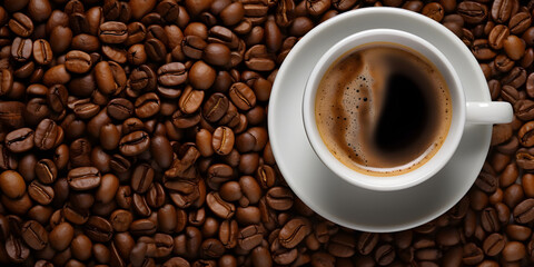 Espresso white cup on a seamless coffee beans background . Generated by AI.