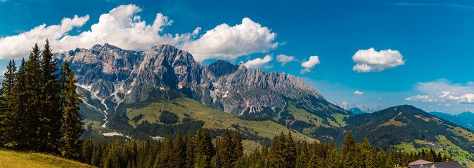 High resolution stitched alpine summer panorama at Karbachalm, Muehlbach at Mount Hochkoenig, St....