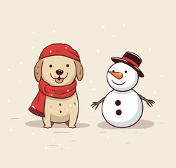 Snowman and dog with scarf, christmas illustration