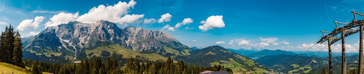 Fototapeta na wymiar High resolution stitched alpine summer panorama at Karbachalm, Muehlbach at Mount Hochkoenig, St. Johann im Pongau, Salzburg, Austria