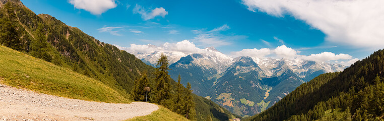 Fototapeta na wymiar High resolution stitched alpine summer panorama at Mount Klausberg, Ahrntal valley, Pustertal, Trentino, Bozen, South Tyrol