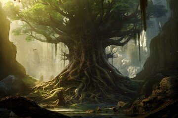 A giant tree with massive roots in a fantasy world. Generative AI - obrazy, fototapety, plakaty