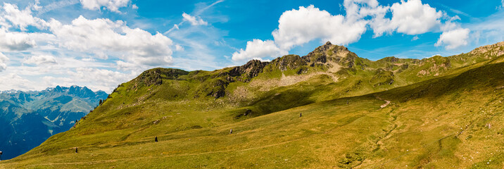 High resolution stitched alpine summer panorama at Mount Kreuzjoch, Schruns, Bludenz, Montafon,...