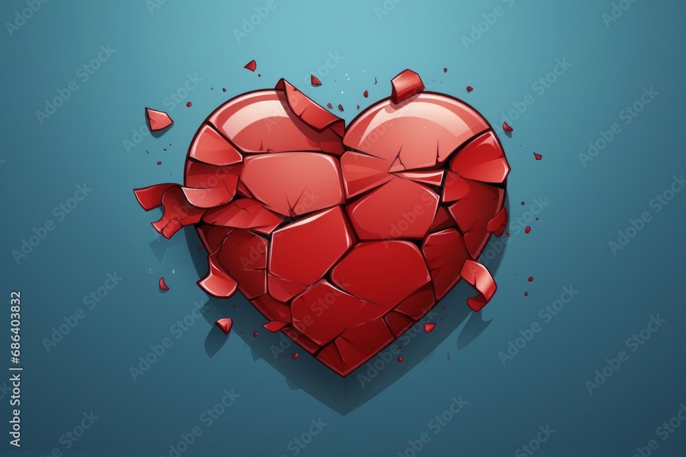 Poster broken heart with cracks. background with selective focus and copy space