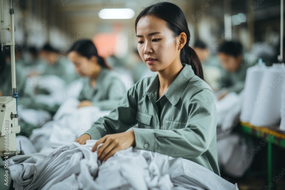 Poster workers at an asian garment factory at work. background with selective focus and copy space