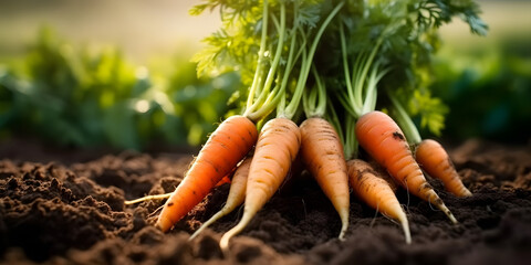 Freshly picked carrots on the soil in a field of a farm, agriculture and vegetables farming concept, generative AI