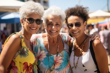 Three senior women at a market during a tourist trip