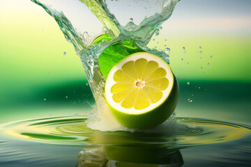 Half a sliced lemon with splash of water on a dark and reflective backdrop_Generativa AI_1.