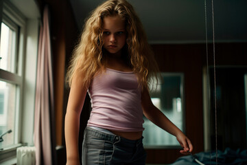  A girl during puberty looks at the change in the shape of her hips and breasts in the mirror